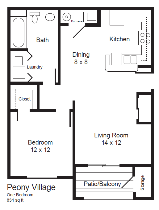 Floor plan for 1 bed, 1 bath, 846 sqft
